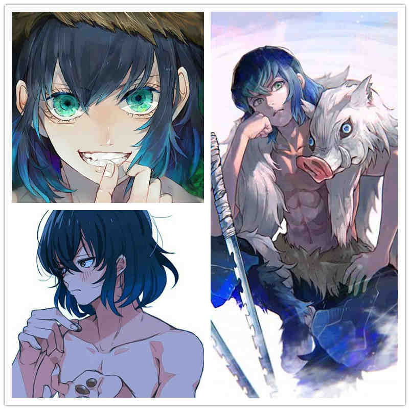 sintético Inosuke Hashibira azul de Cospaly peluca animado Demon Slayer Kimetsu no Yaiba