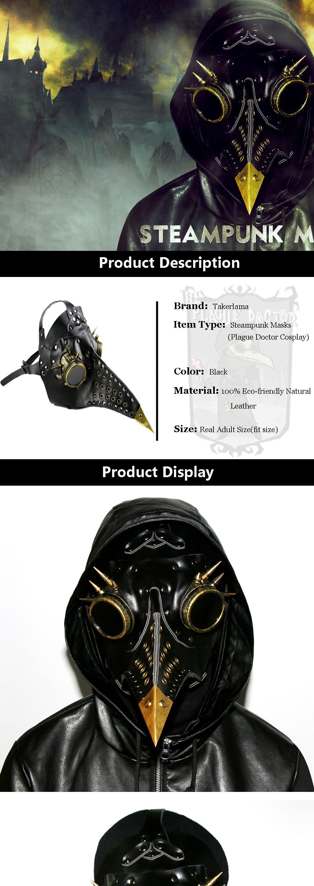 Steampunk medieval Black Death Plague Doctor Bird Beak Máscara