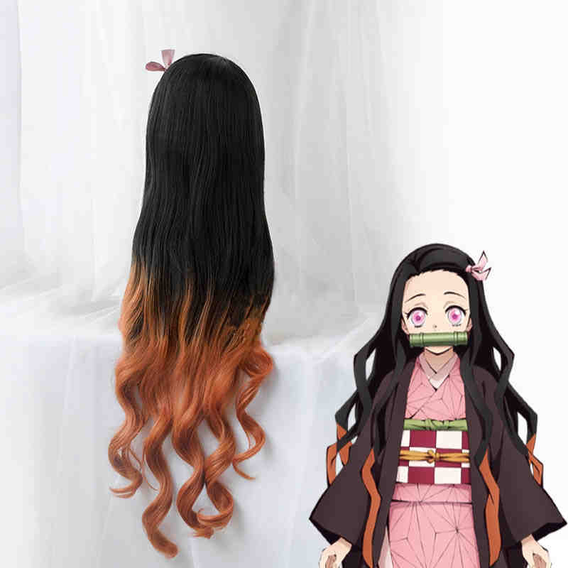 nezuko ka mado largo ondulado cospaly sintetic peluca anime demonio slayer kimetsu no yaiba