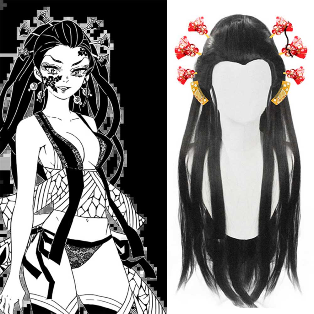 Daki Cosplay Wig Demon Slayer Kimetsu No Yaiba Juuni Kitsuki Green Silver Long Ponytail Peluca de pelo sintético Cap