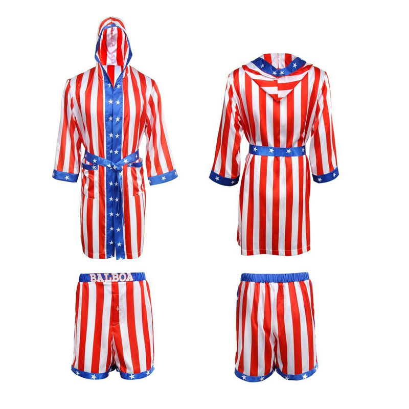 Balboa Rocky Balboa Apolo Movie Boxing Boxing American Flag Cosplay Robe y Shorts Disfraz de boxeo