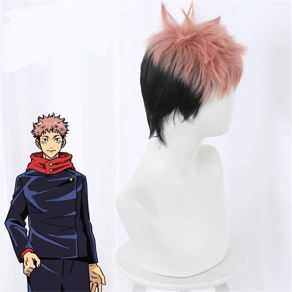 Anime Jujutsu Kaisen Cosplay Hair Yuji Itatori WIG + Free Wig Cap Color Pink Black Wigs 